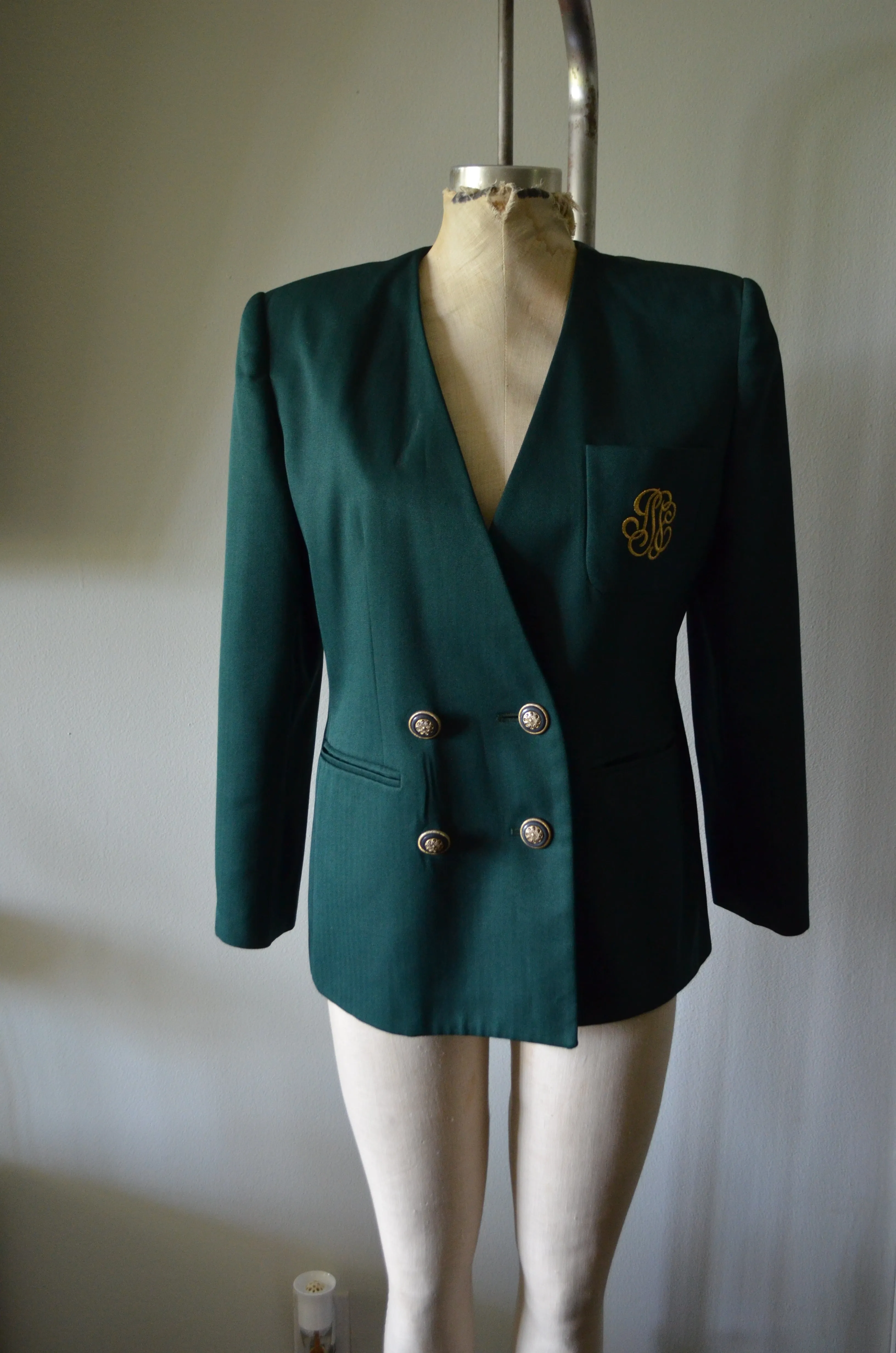 80s Dark Green tailored green Woman Double breasted blazer with gold pocket embroidery