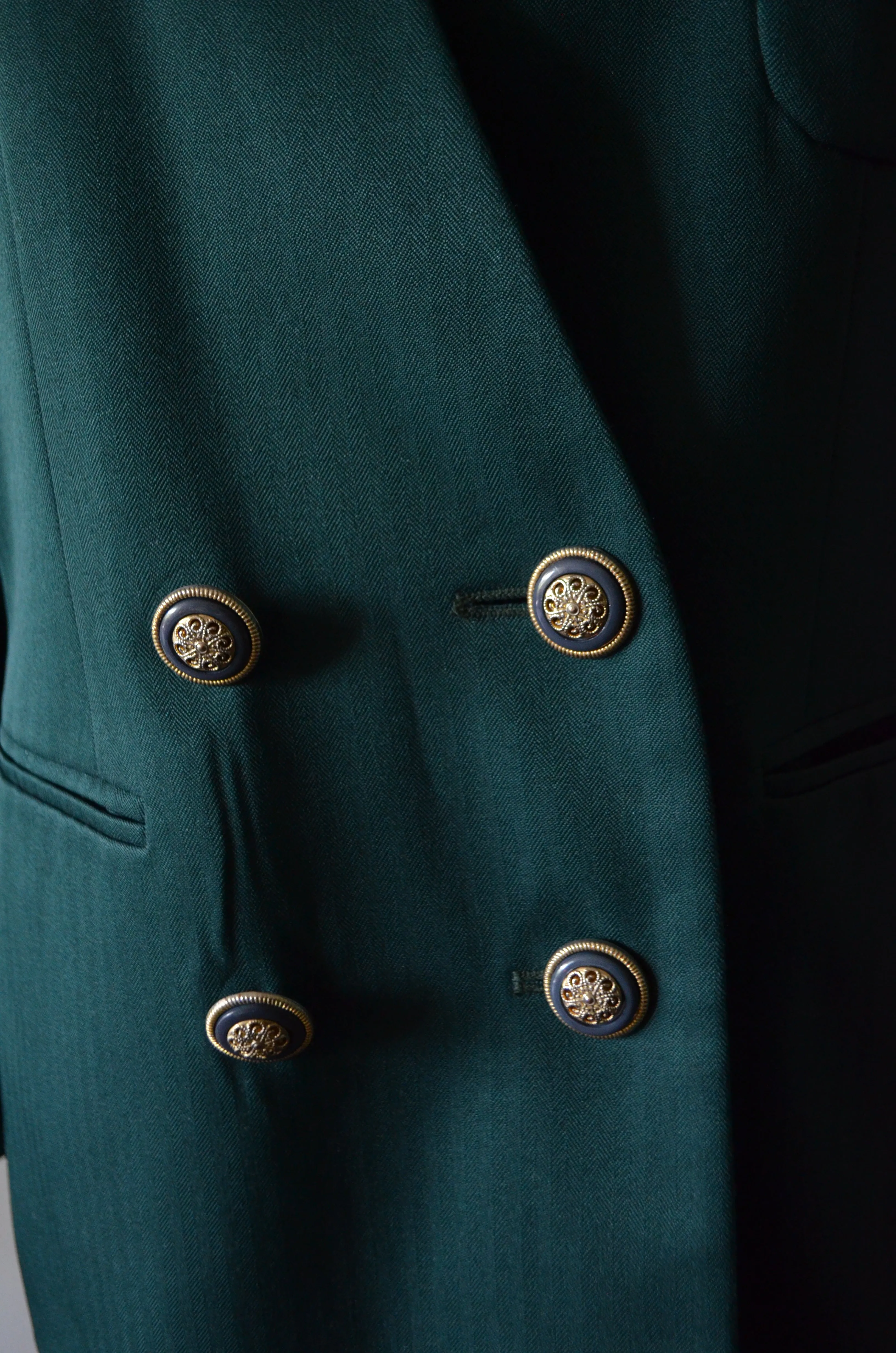 80s Dark Green tailored green Woman Double breasted blazer with gold pocket embroidery