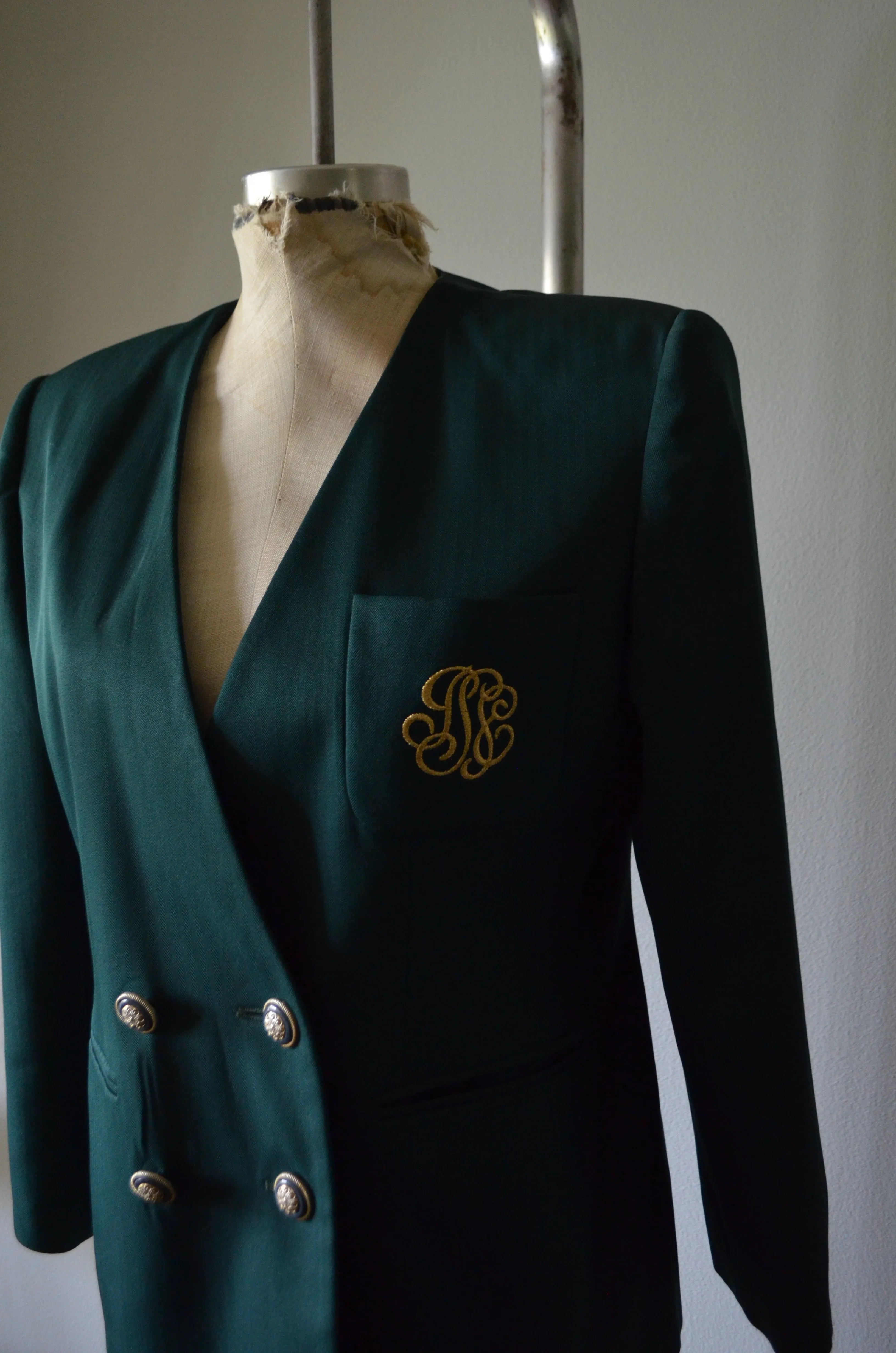 80s Dark Green tailored green Woman Double breasted blazer with gold pocket embroidery