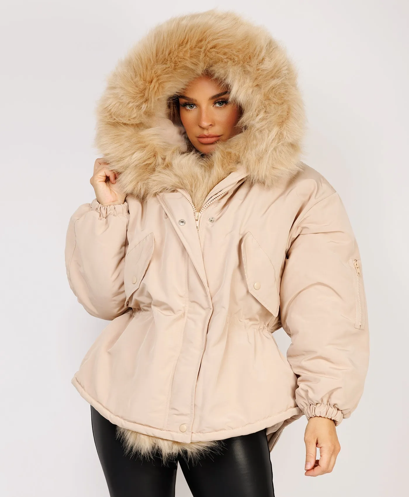 Beige Faux Fur Trim Oversized Hooded Jacket