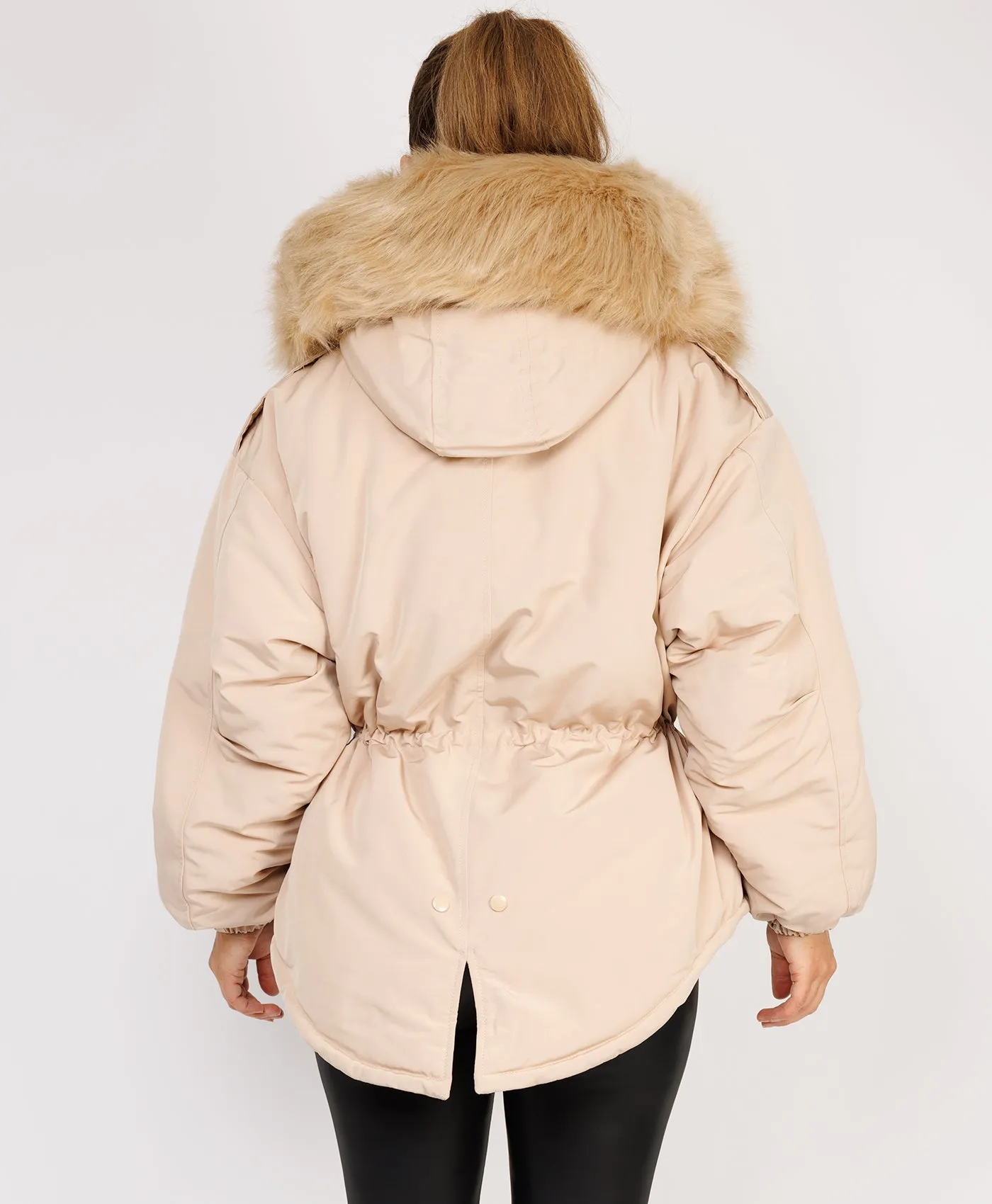 Beige Faux Fur Trim Oversized Hooded Jacket