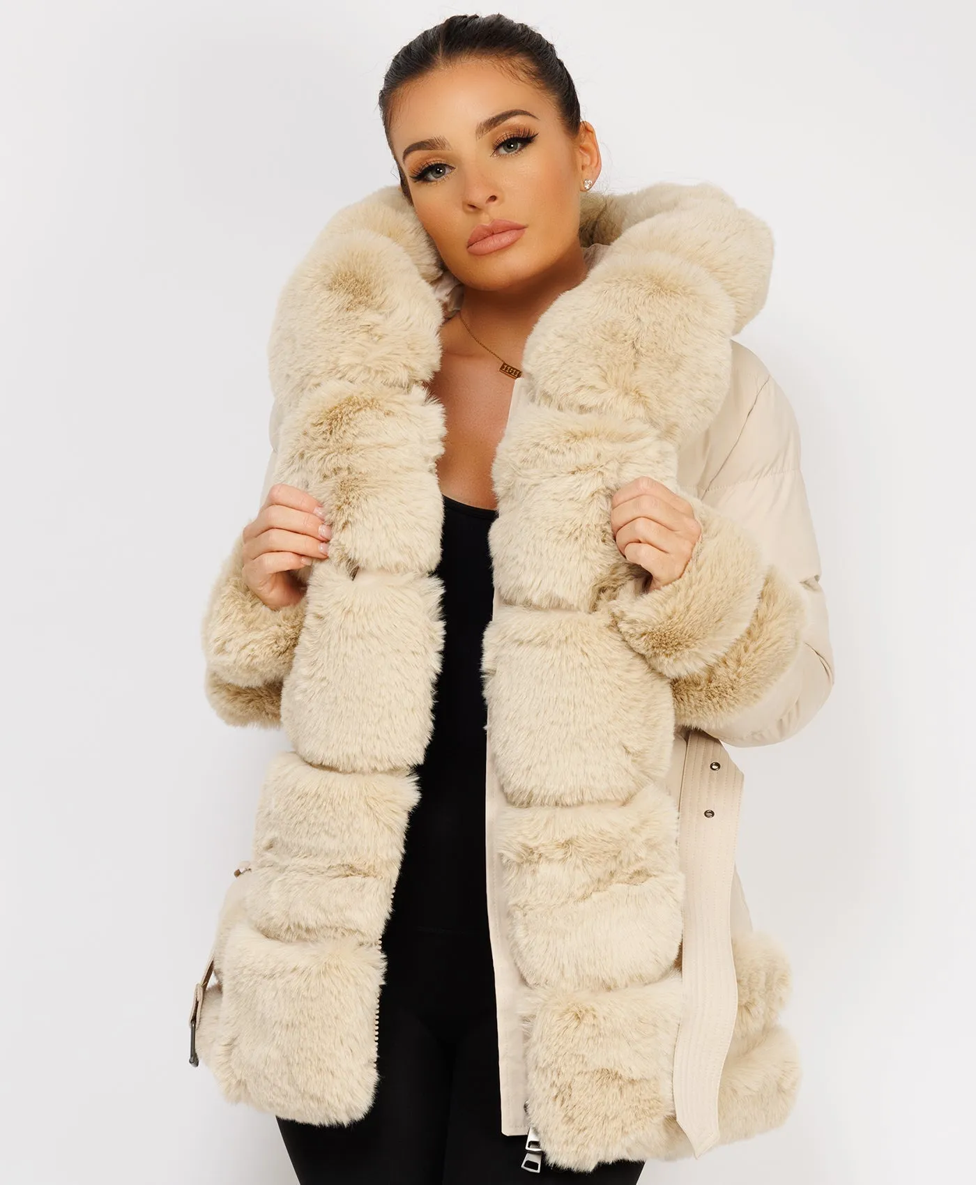 Beige Puffer Padded Jacket With Faux Fur Hood Cuff And Trim