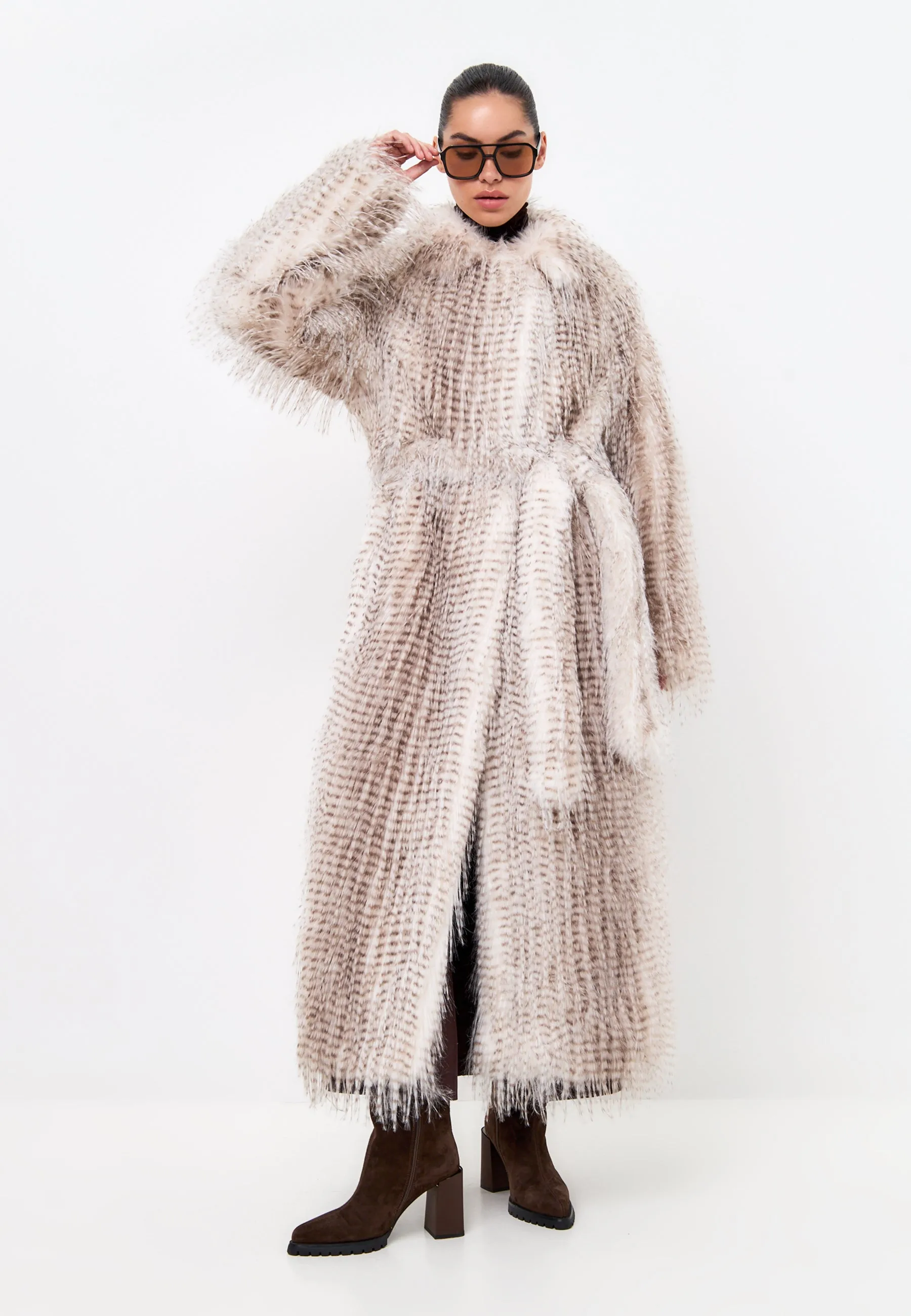 Belted Long Faux Fur Coat