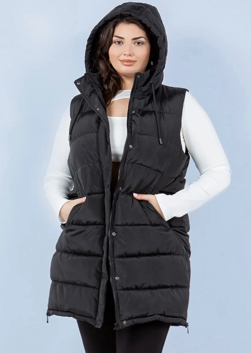 Black The Clarissa Long Hooded Side Zip Puffer Vest