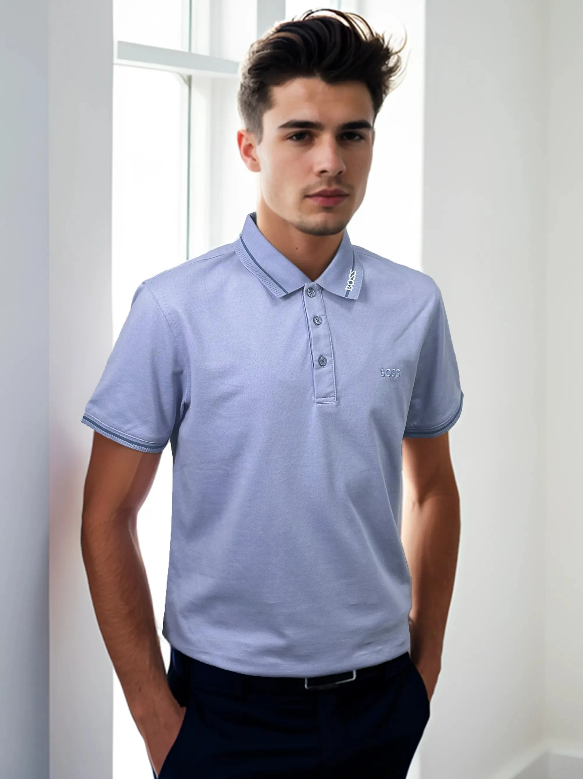 Boss stylish Collar with Logo Light Blue Polo Shirt