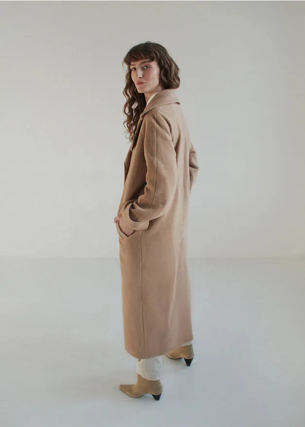 Camel Maxi Double-Breasted Italian Wool Coat With Collar