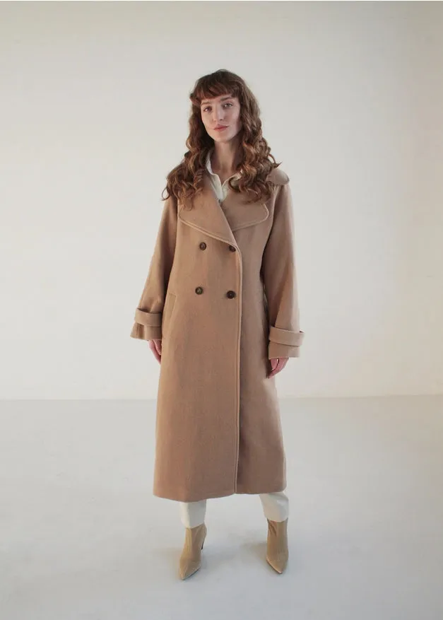 Camel Maxi Double-Breasted Italian Wool Coat With Collar