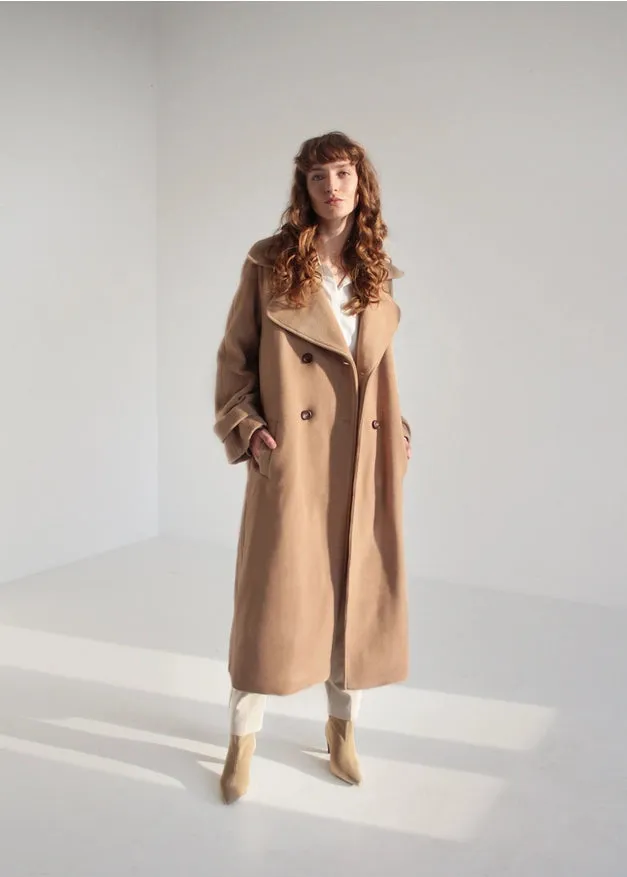 Camel Maxi Double-Breasted Italian Wool Coat With Collar