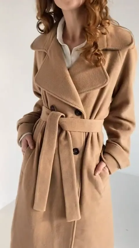 Camel Maxi Double-Breasted Italian Wool Coat With Collar