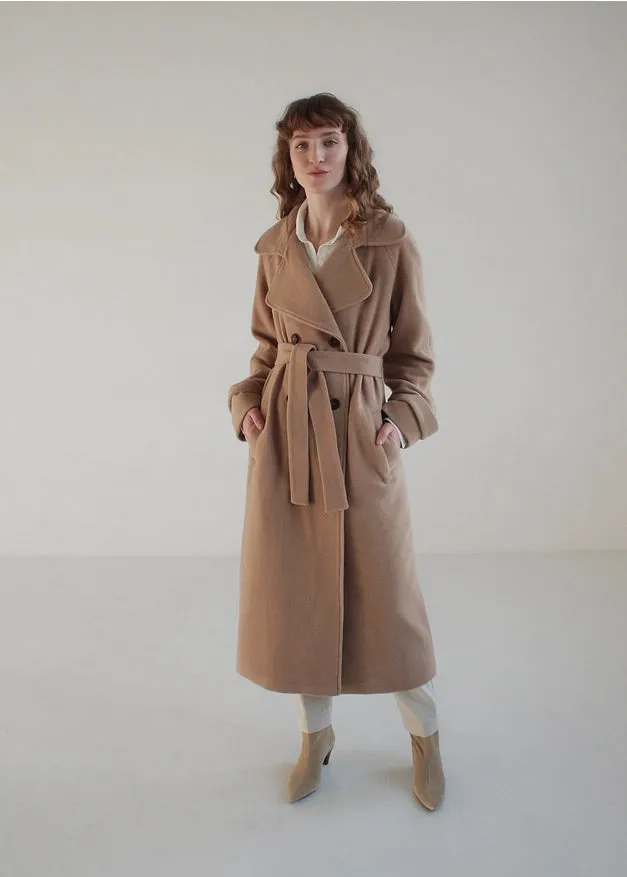 Camel Maxi Double-Breasted Italian Wool Coat With Collar