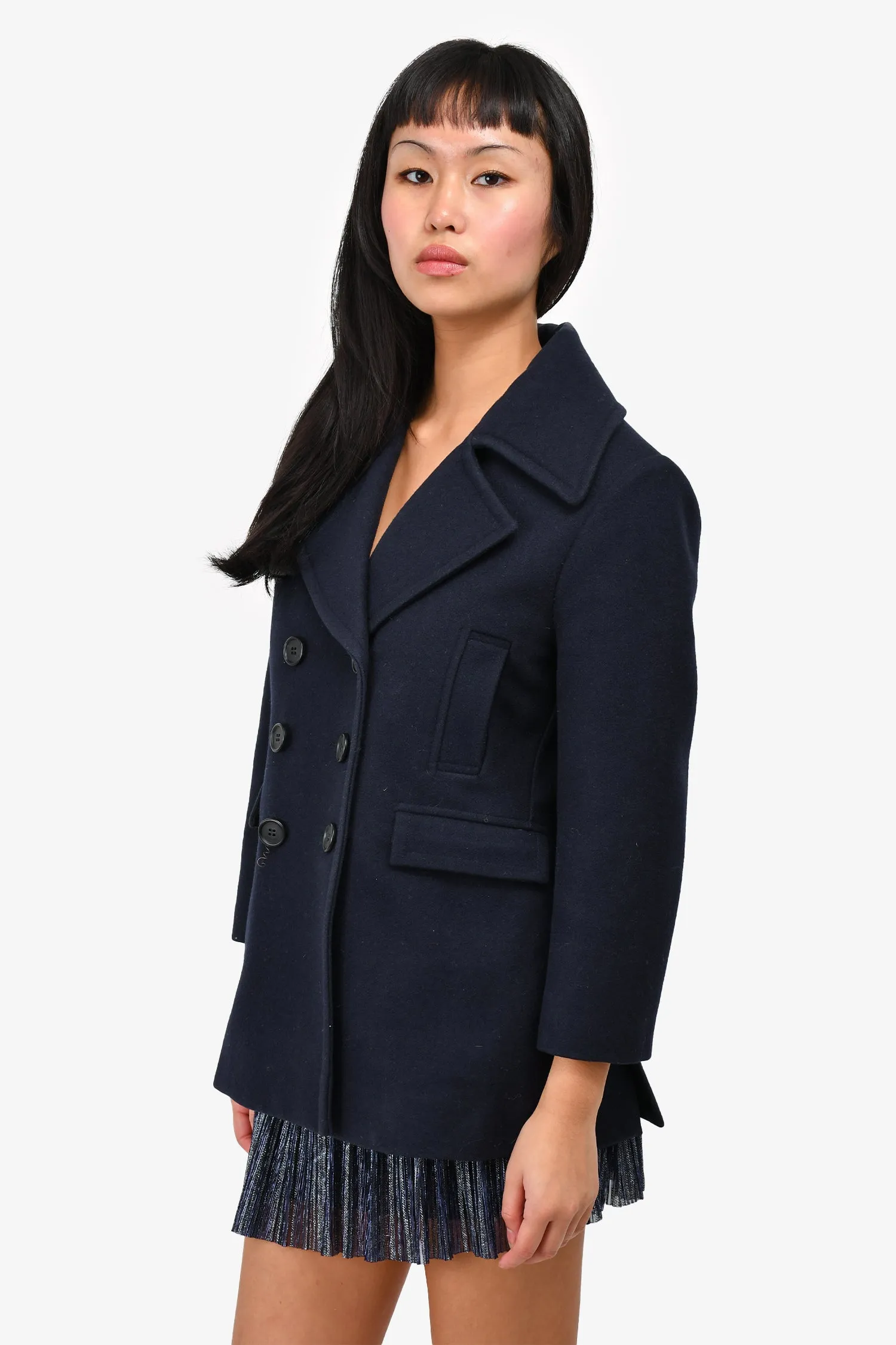 Celine Navy Wool Button Detail Double Breasted Coat Size 38