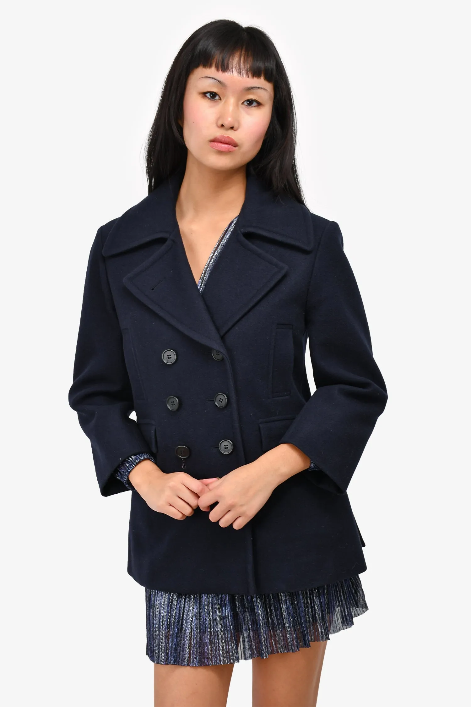 Celine Navy Wool Button Detail Double Breasted Coat Size 38