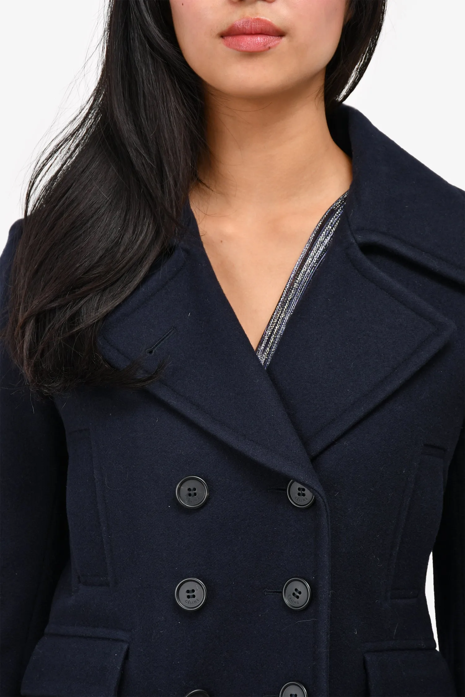 Celine Navy Wool Button Detail Double Breasted Coat Size 38