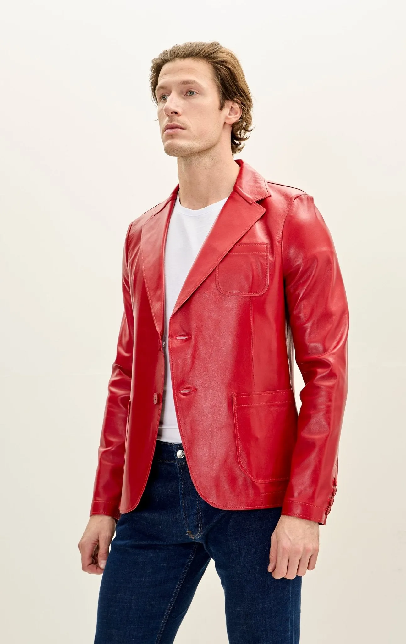 Classic Two-Button Leather Blazer - Red