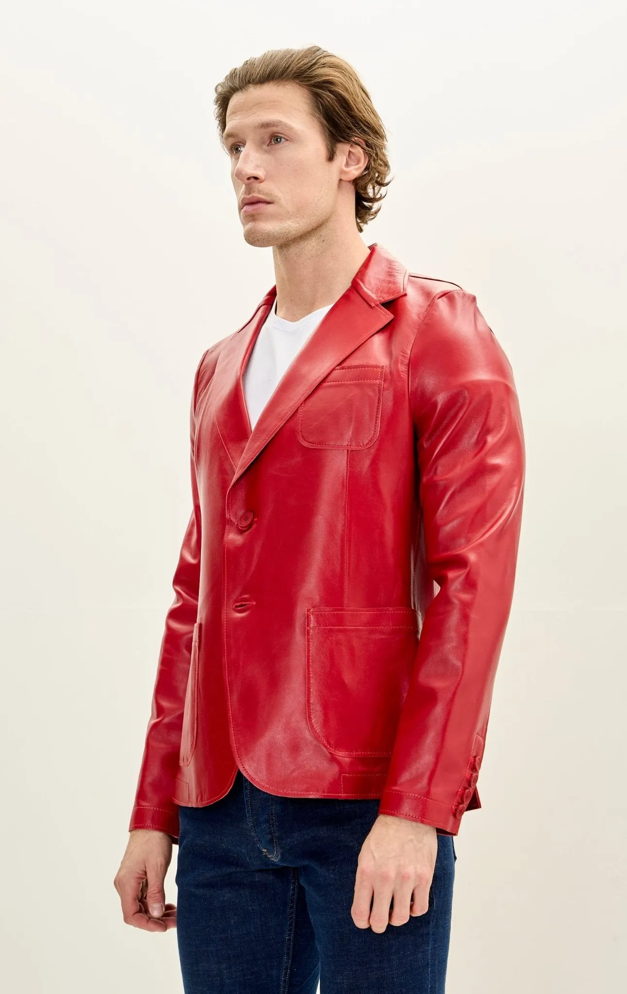 Classic Two-Button Leather Blazer - Red