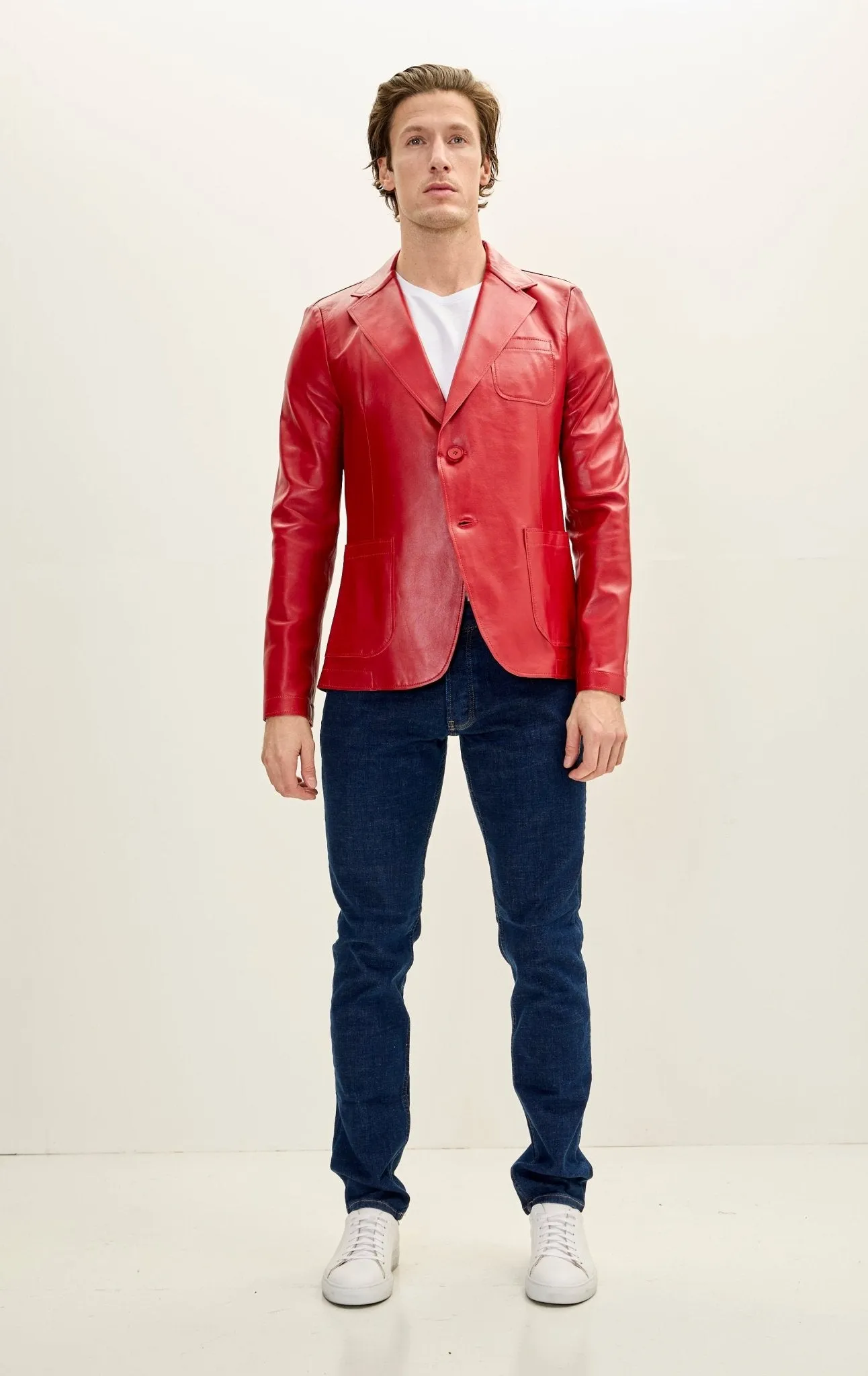 Classic Two-Button Leather Blazer - Red