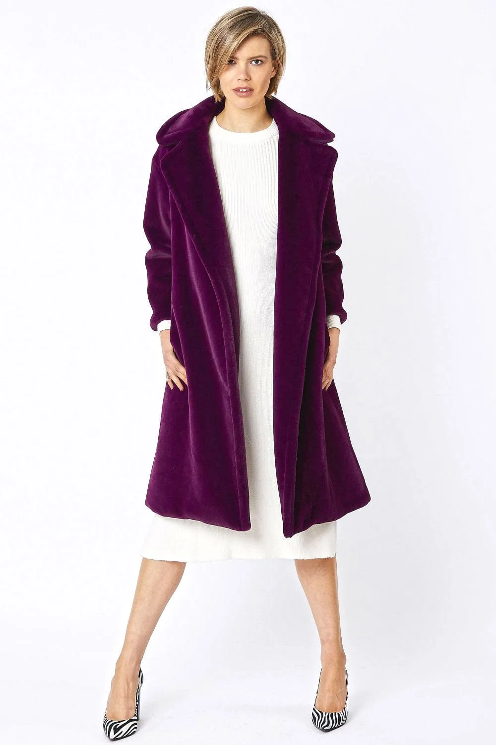 Deep Purple Faux Fur Midi Shaved Shearling Coat