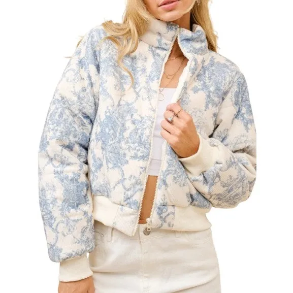 Embrace Cozy Chic with Toile Inspired Corduroy Puffer Crop Jacket