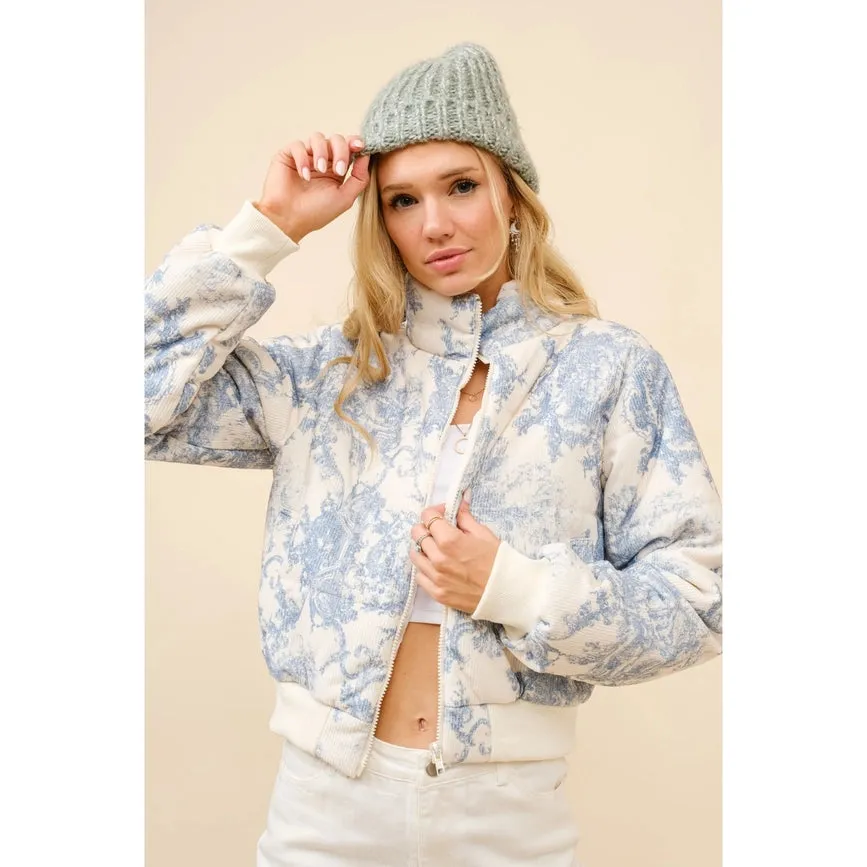 Embrace Cozy Chic with Toile Inspired Corduroy Puffer Crop Jacket