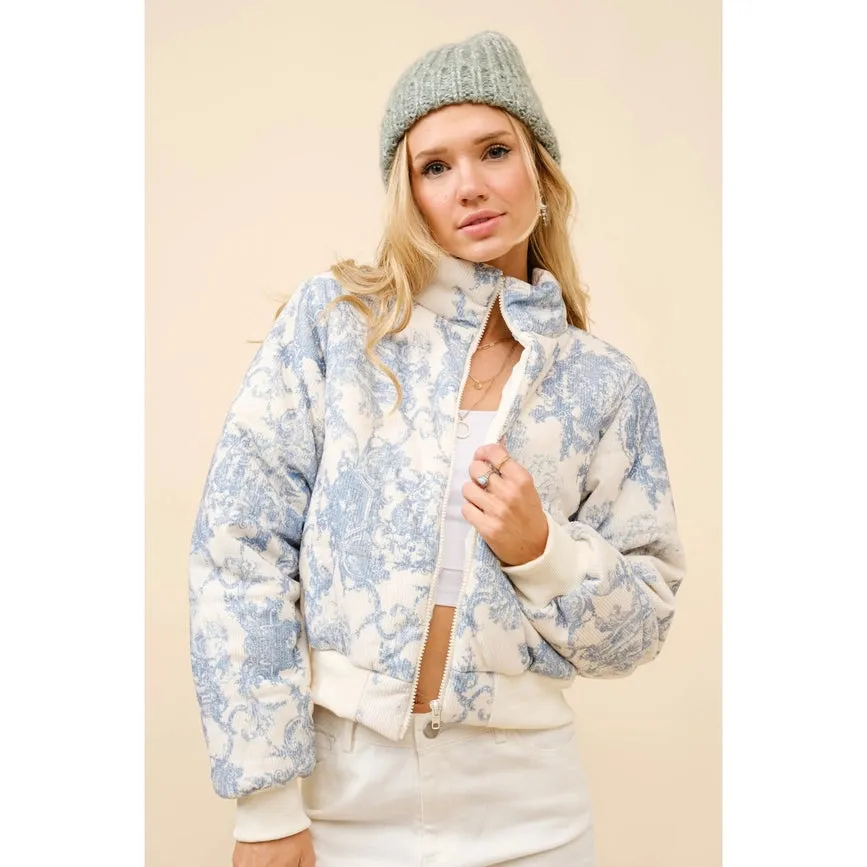 Embrace Cozy Chic with Toile Inspired Corduroy Puffer Crop Jacket