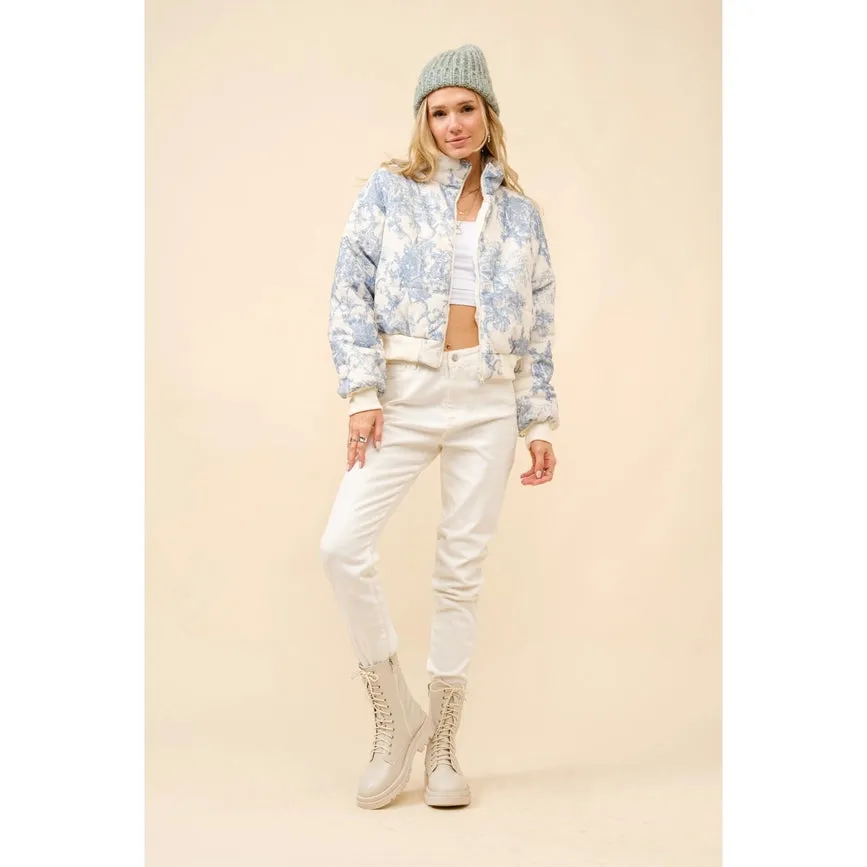 Embrace Cozy Chic with Toile Inspired Corduroy Puffer Crop Jacket