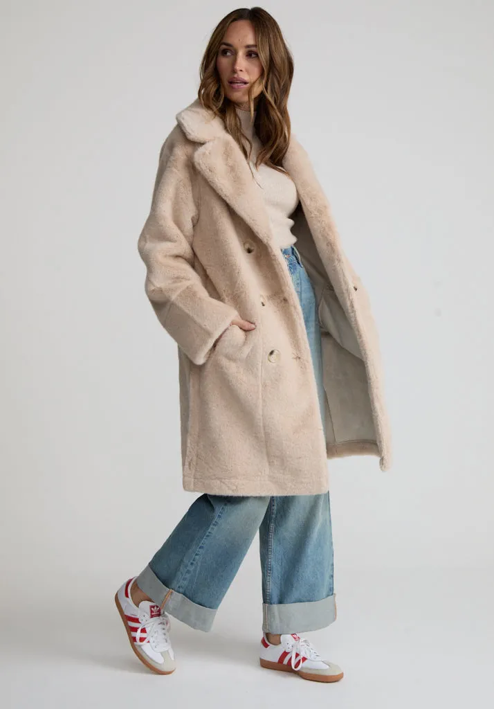 Emma Longline Faux Fur Coat In Cream