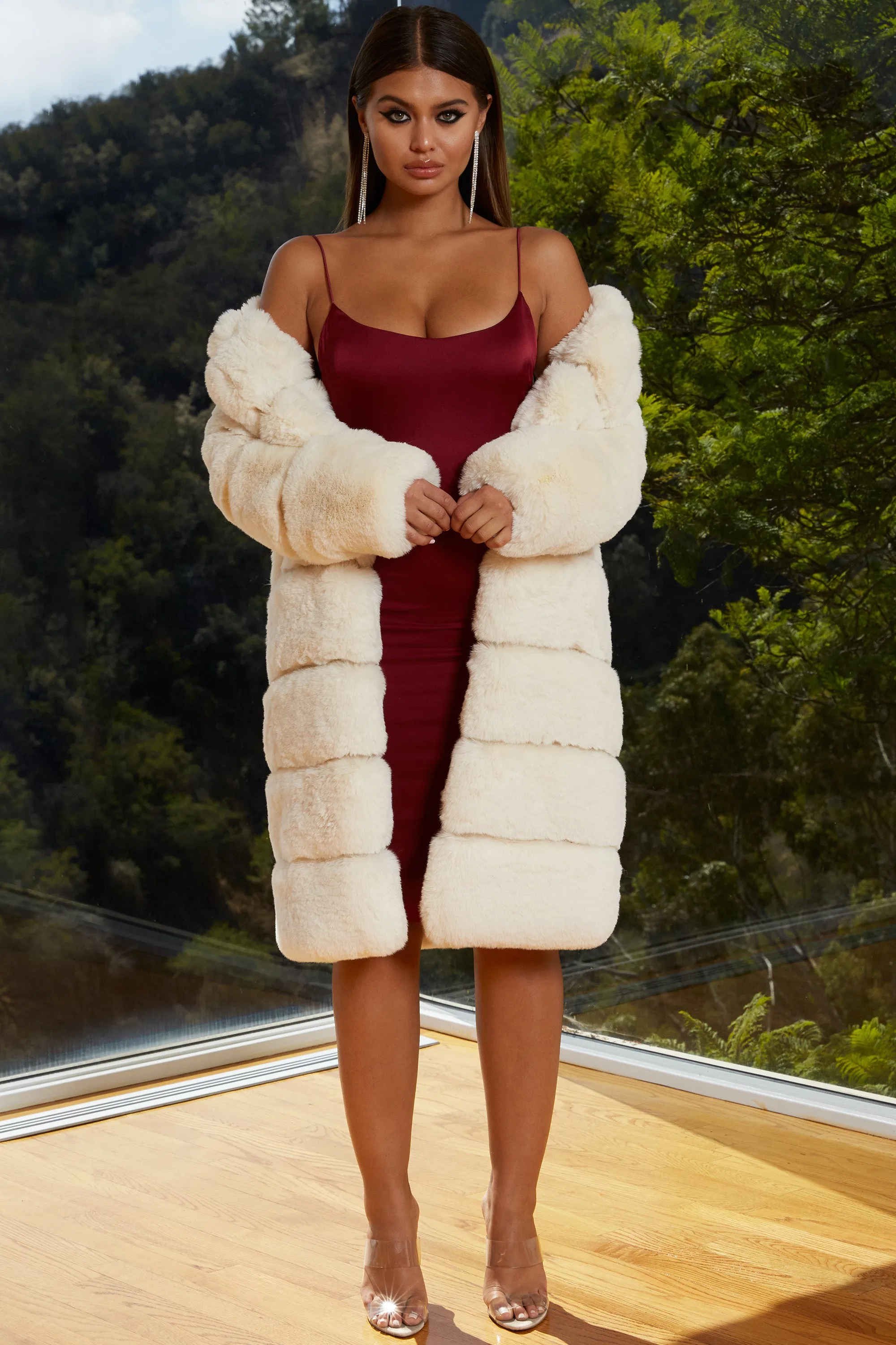 Executive Longline Panel Faux Fur Coat in Ivory