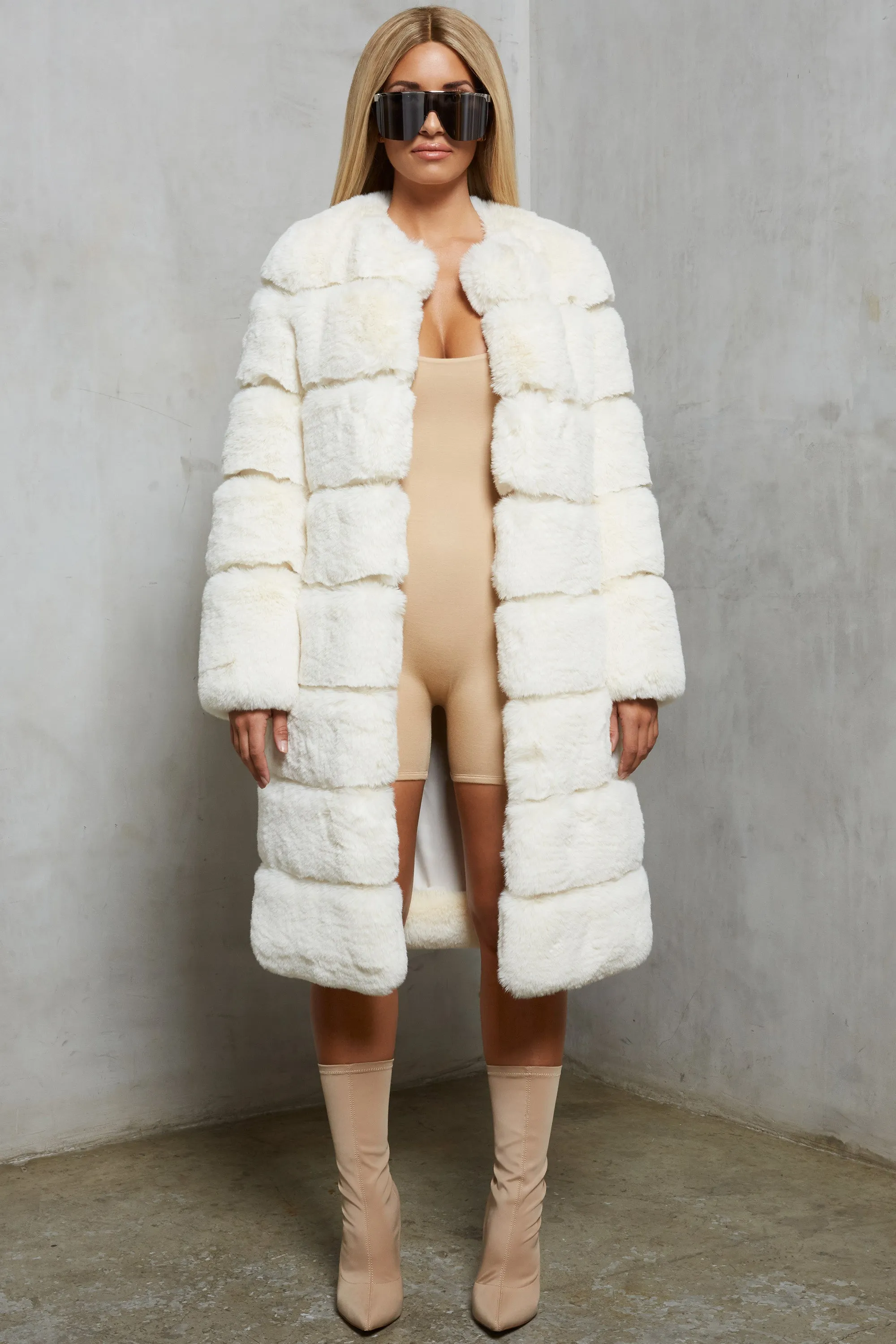 Executive Longline Panel Faux Fur Coat in Ivory