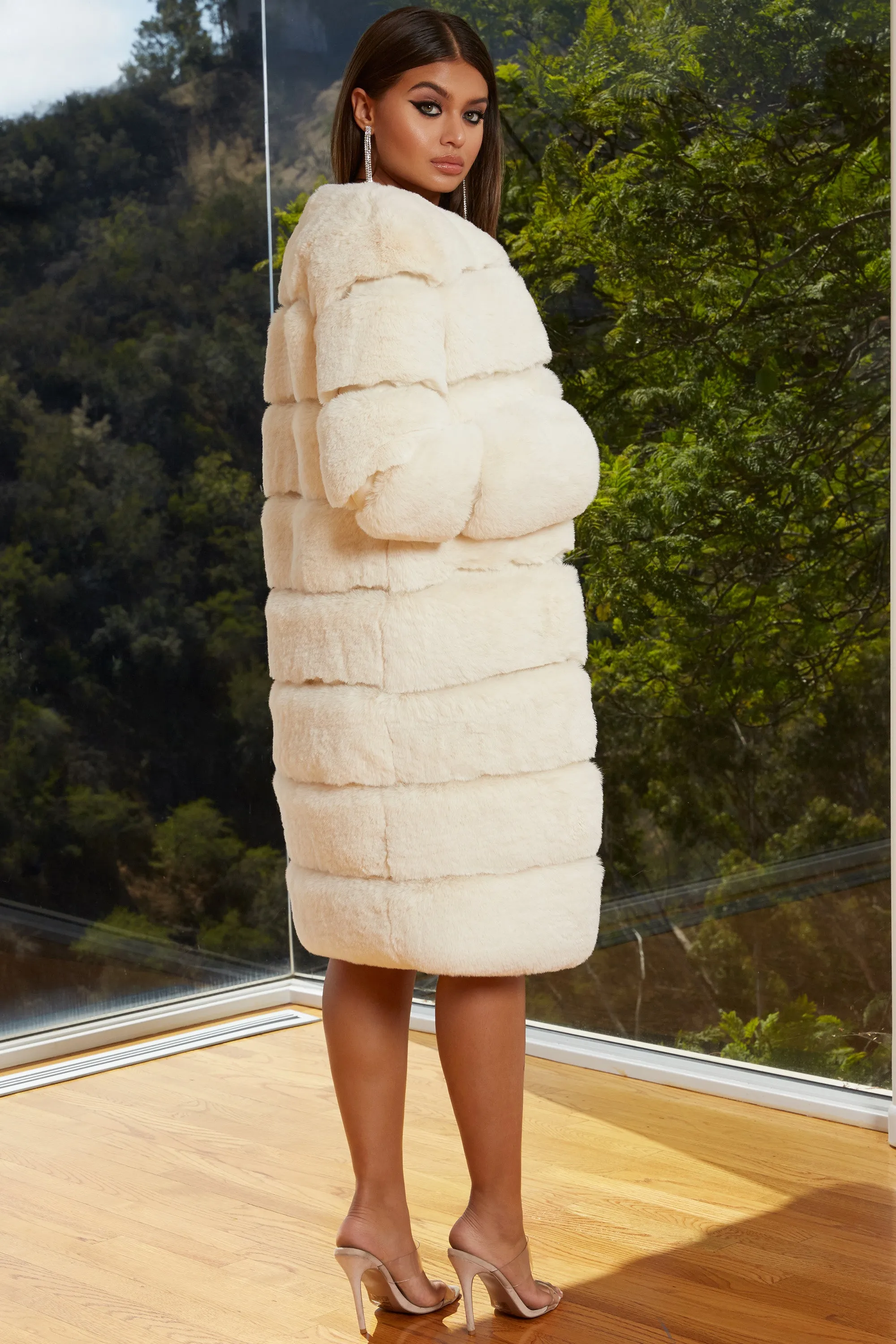 Executive Longline Panel Faux Fur Coat in Ivory