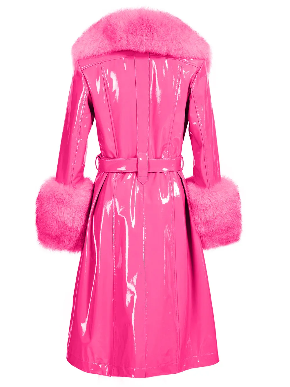 Faux Fur Patent Leather Coat in Fuchsia