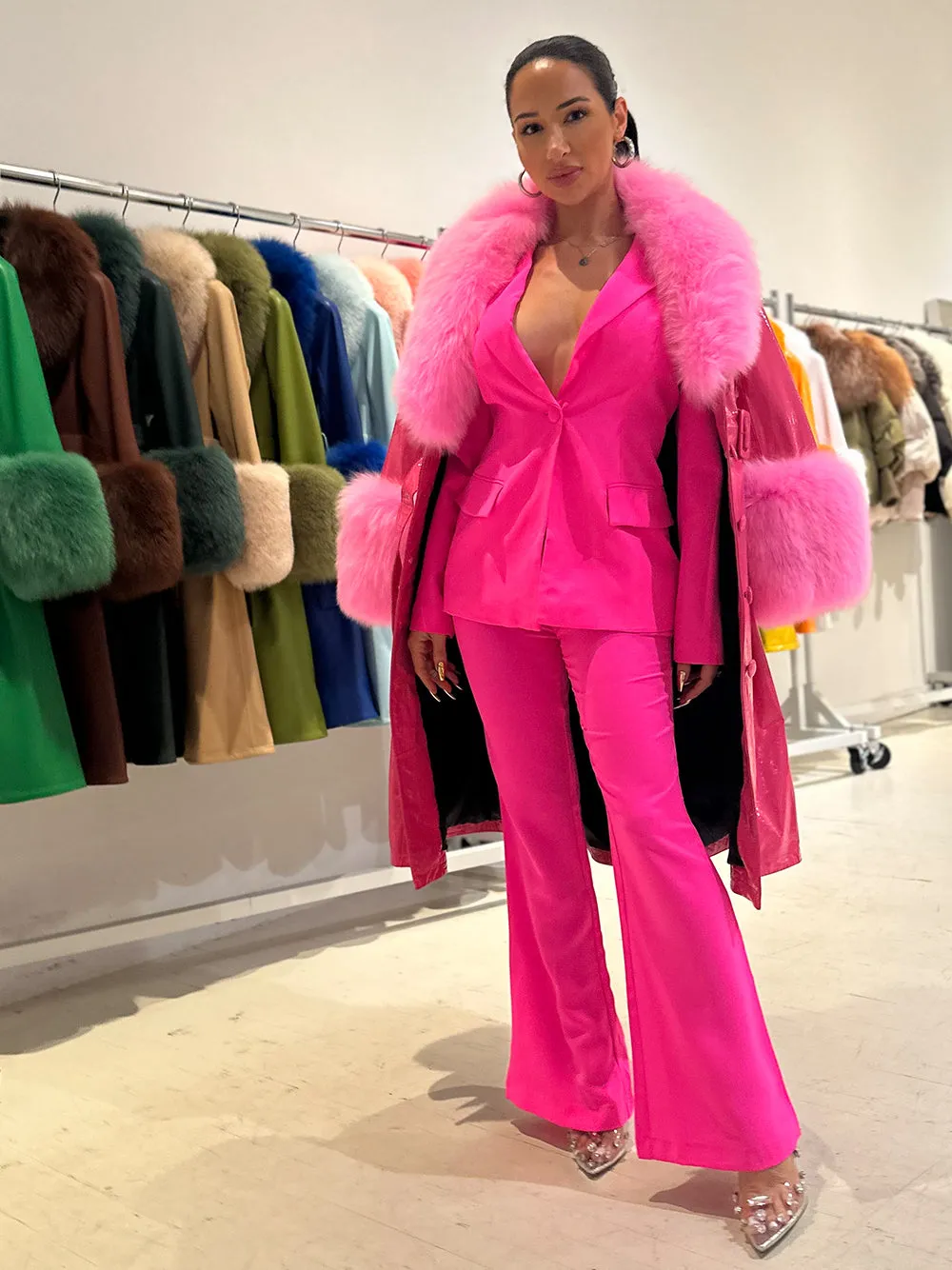 Faux Fur Patent Leather Coat in Fuchsia