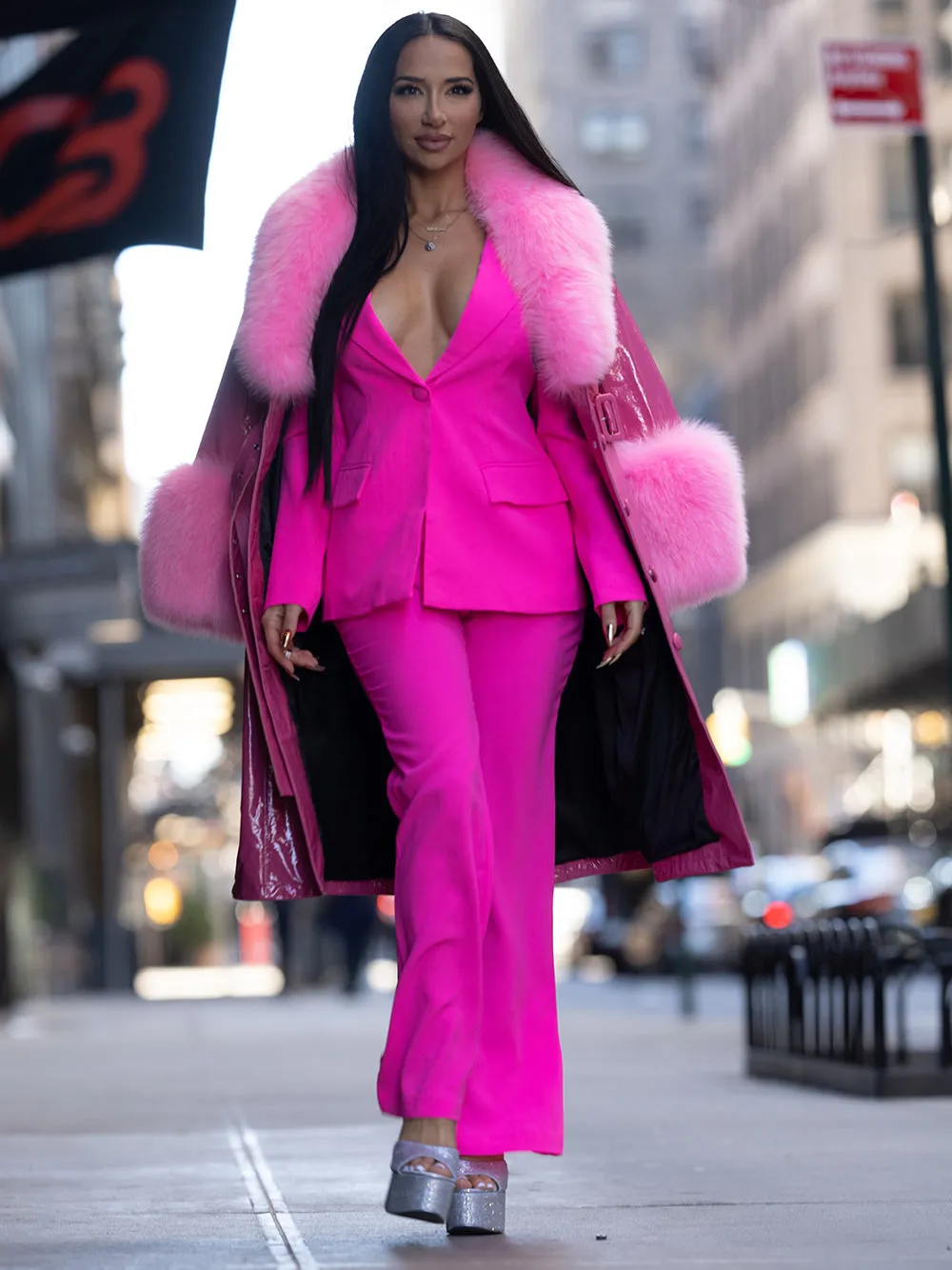 Faux Fur Patent Leather Coat in Fuchsia