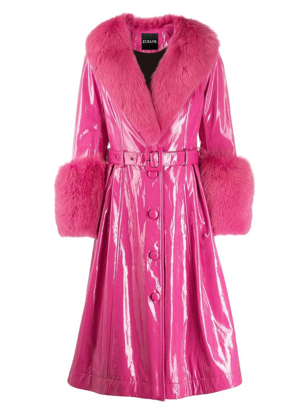 Faux Fur Patent Leather Coat in Fuchsia