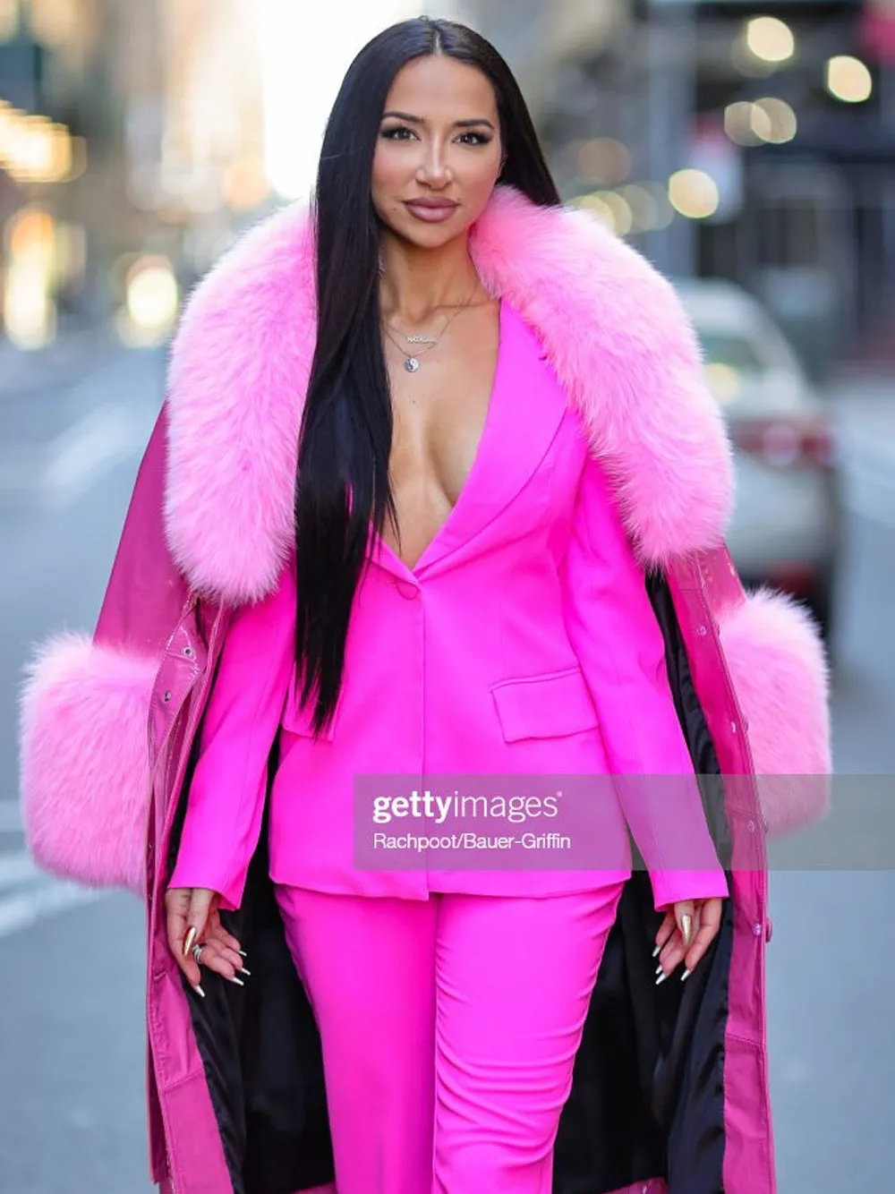 Faux Fur Patent Leather Coat in Fuchsia