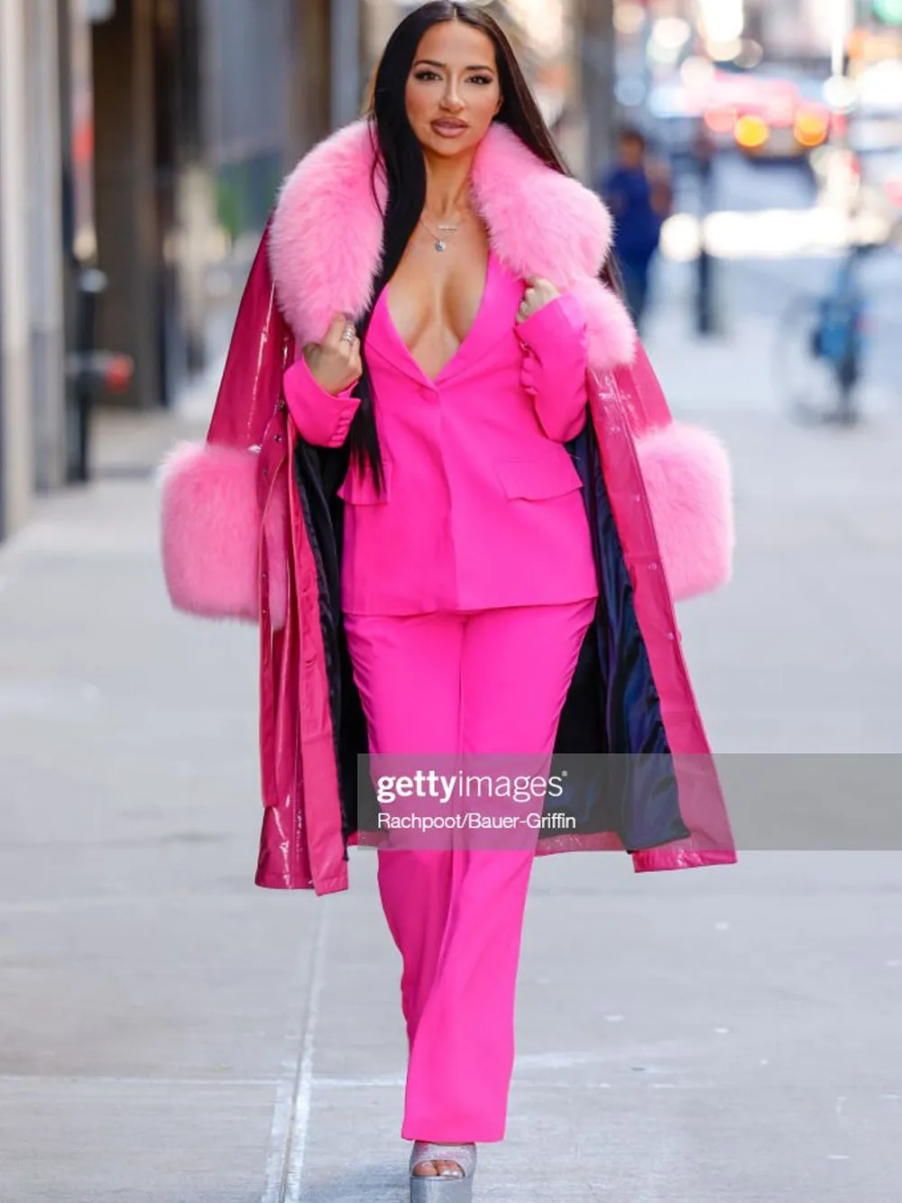 Faux Fur Patent Leather Coat in Fuchsia