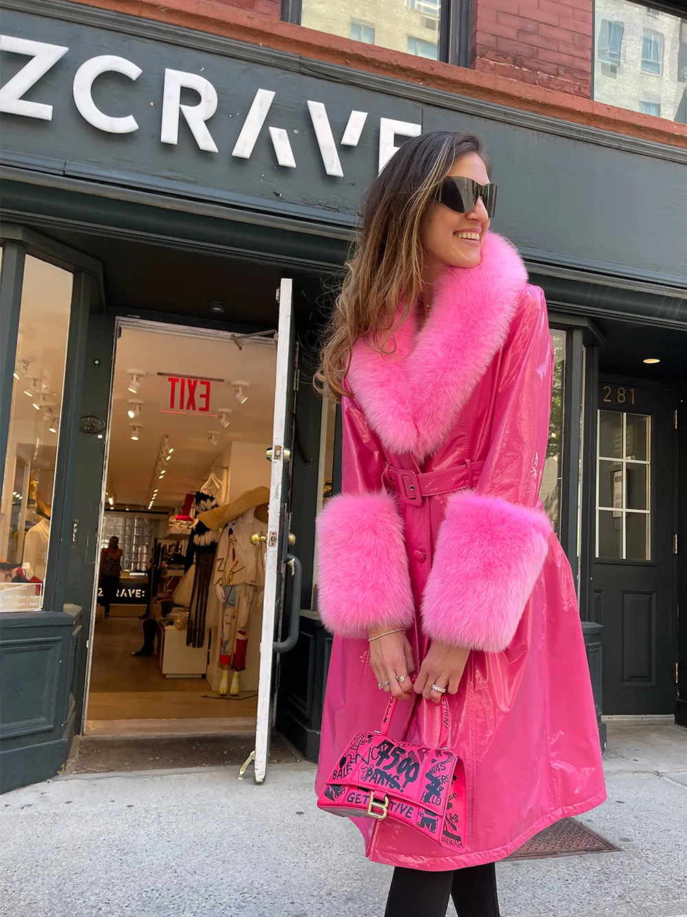 Faux Fur Patent Leather Coat in Fuchsia