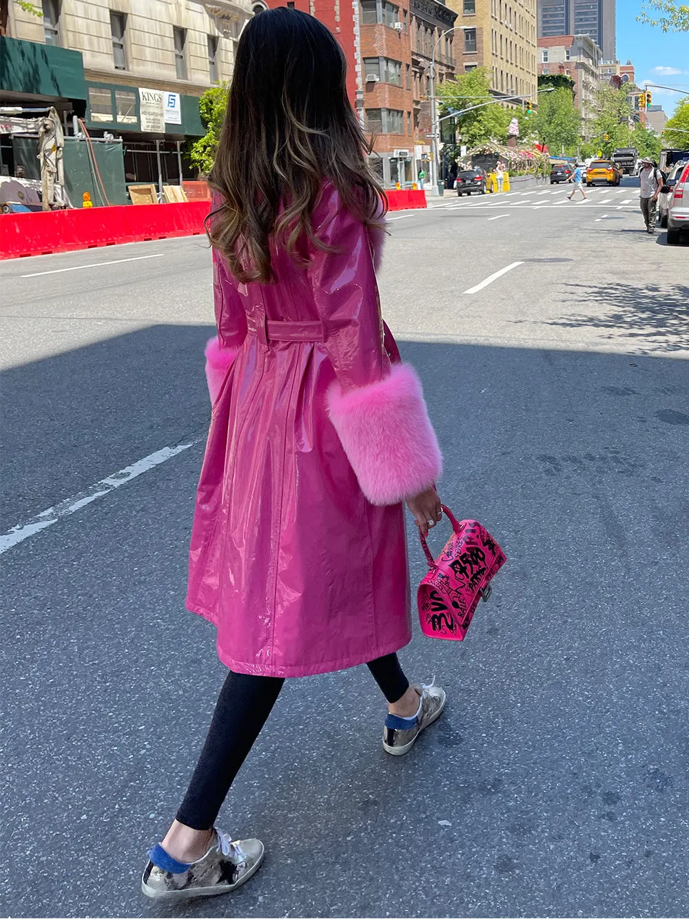 Faux Fur Patent Leather Coat in Fuchsia