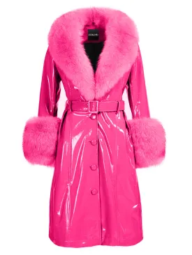 Faux Fur Patent Leather Coat in Fuchsia