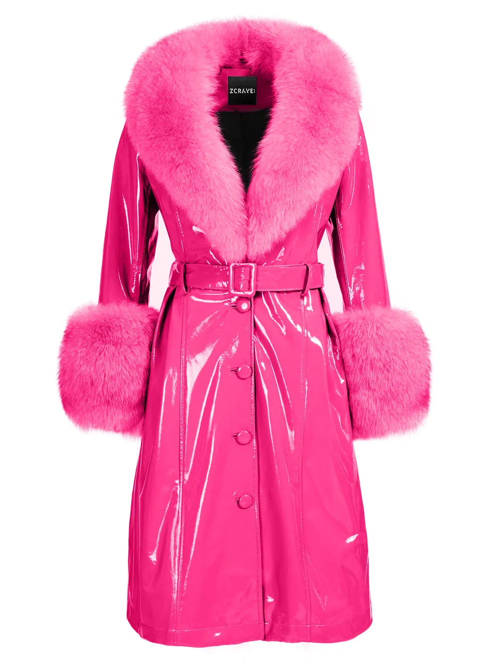 Faux Fur Patent Leather Coat in Fuchsia