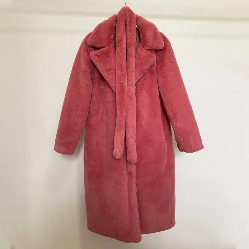 Faux Fur Stylish Long Belted Coat