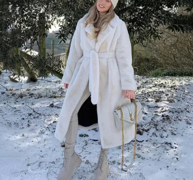 Faux Fur Stylish Long Belted Coat