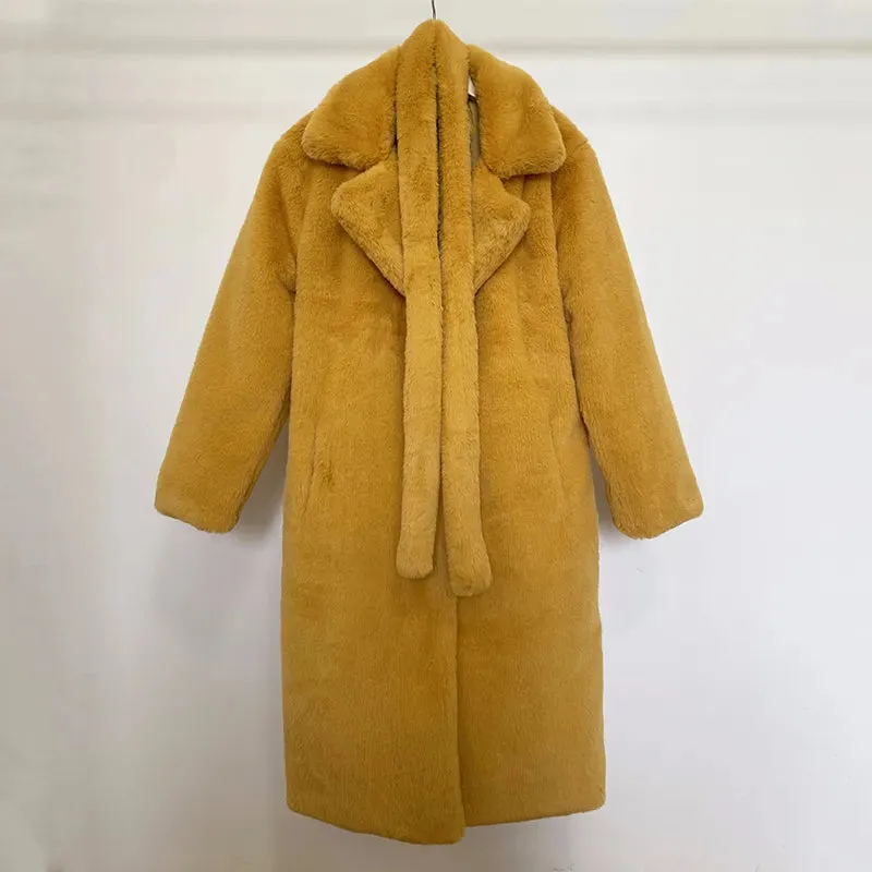 Faux Fur Stylish Long Belted Coat