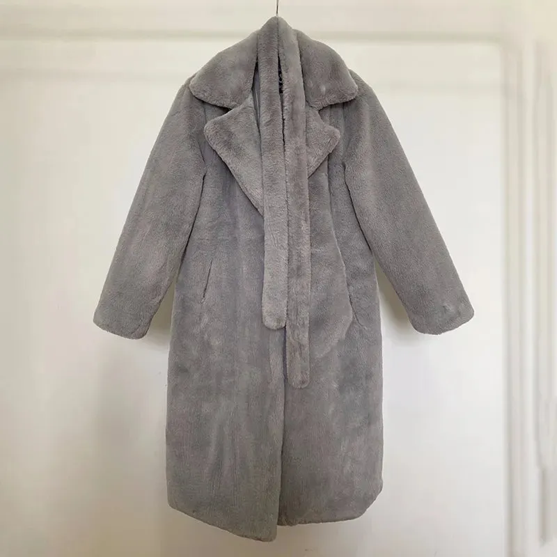 Faux Fur Stylish Long Belted Coat