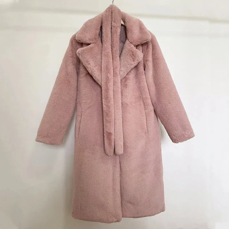 Faux Fur Stylish Long Belted Coat