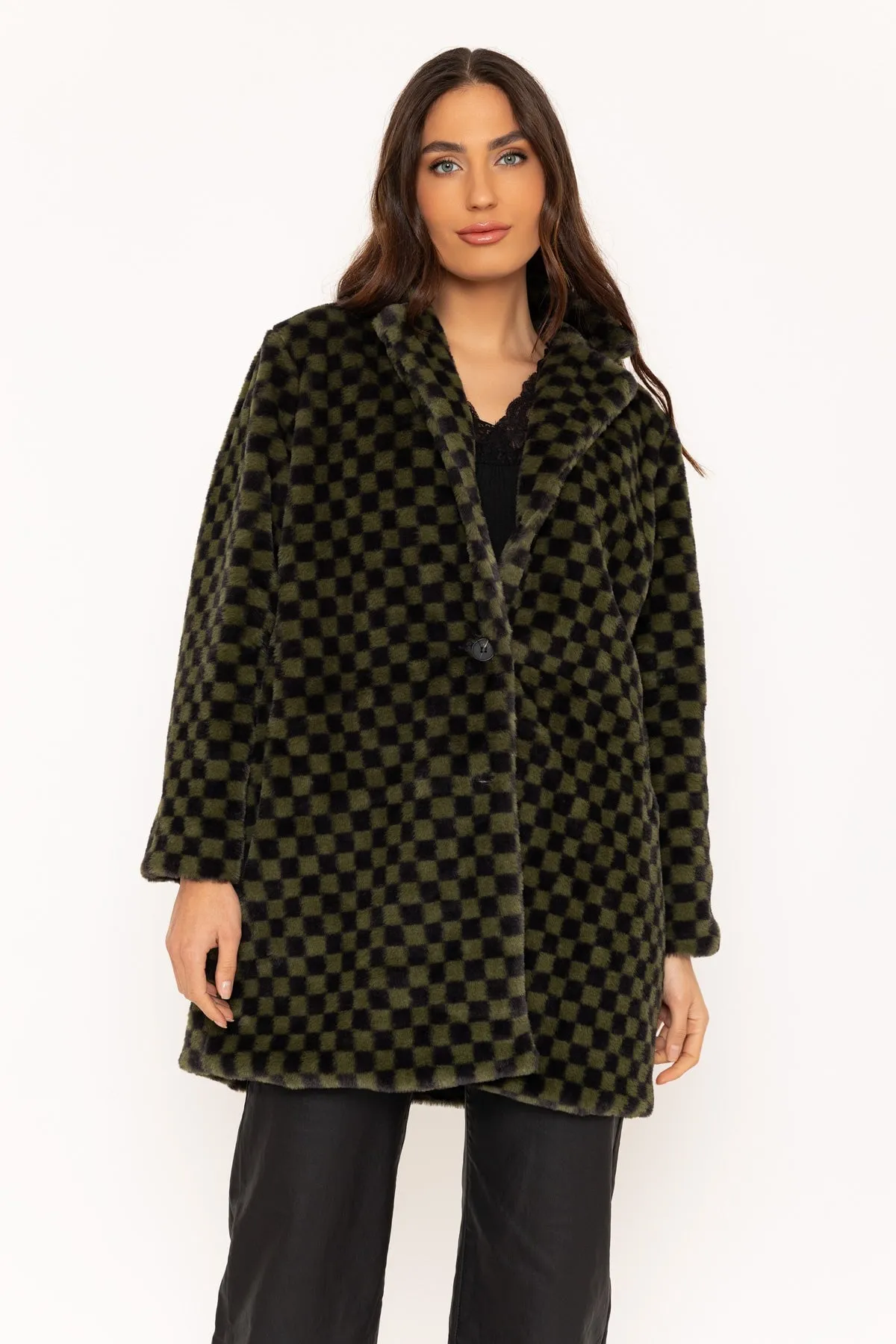 Green Checkered Print Faux Fur Jacket