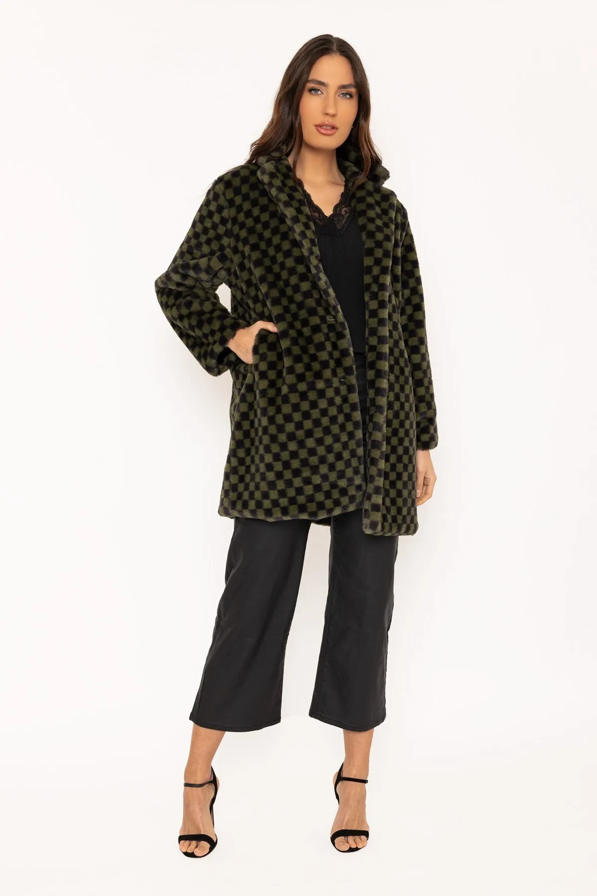 Green Checkered Print Faux Fur Jacket