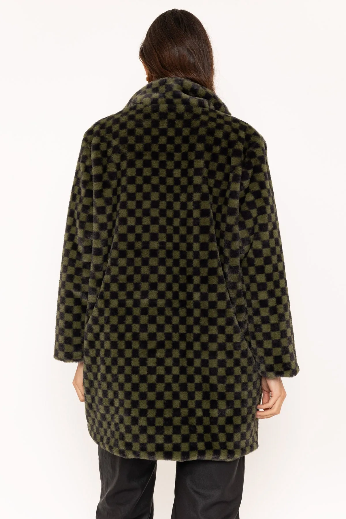 Green Checkered Print Faux Fur Jacket