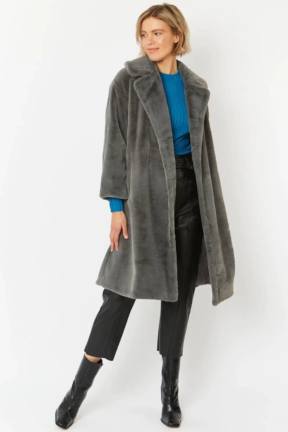 Grey Faux Fur Midi Shaved Shearling Coat