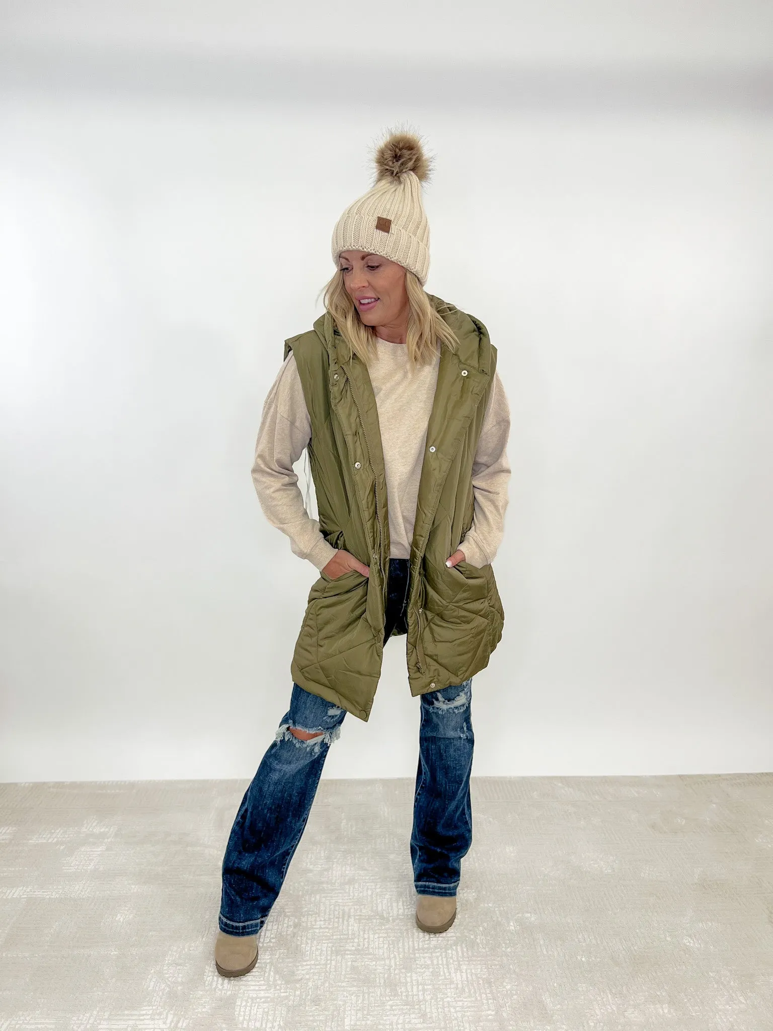 Hey Soul Sister Long Puffer Vest, Lt Olive