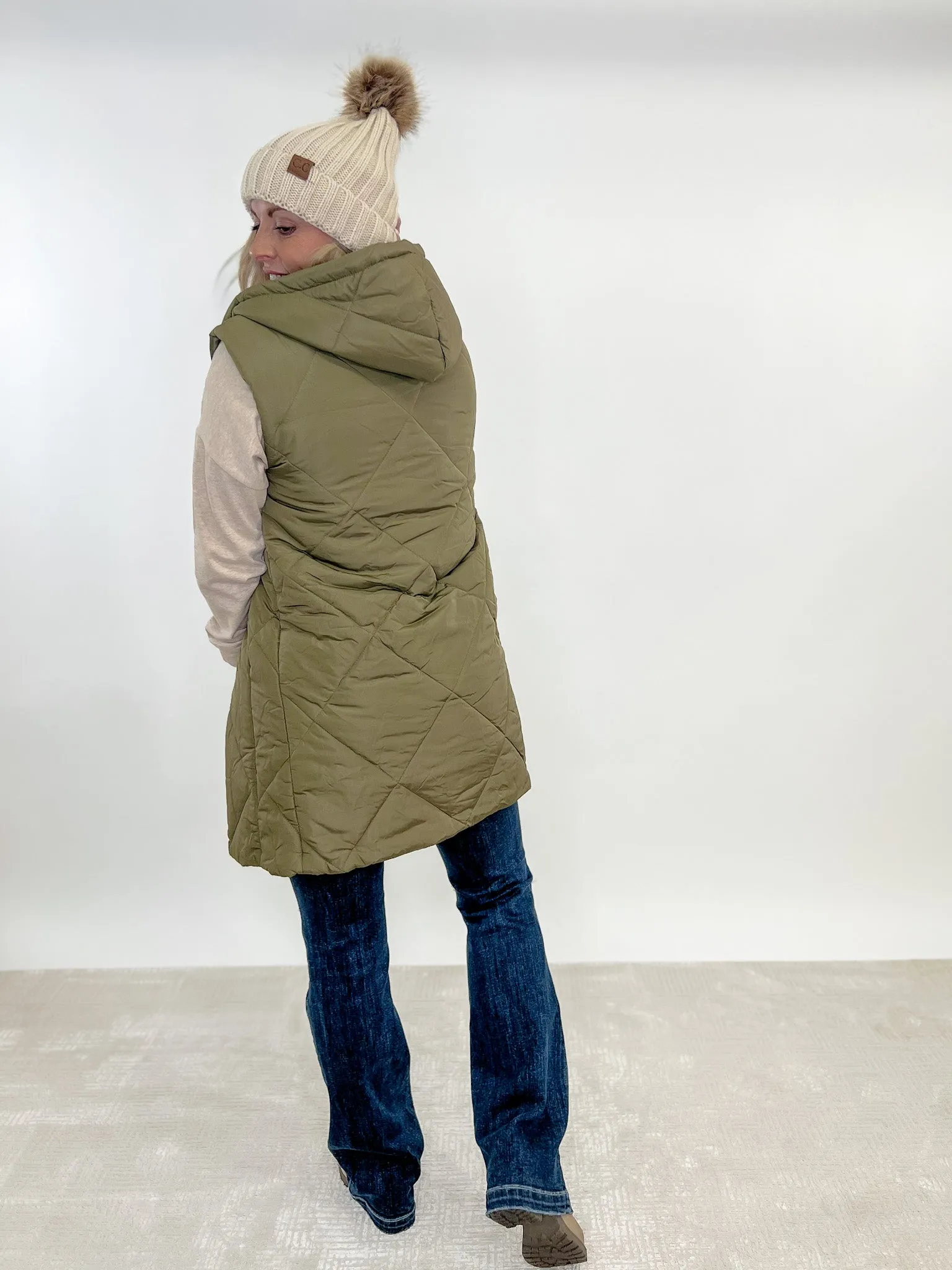 Hey Soul Sister Long Puffer Vest, Lt Olive